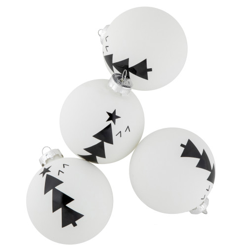 4ct White Glass Ball Ornaments with Black Christmas Trees 3"