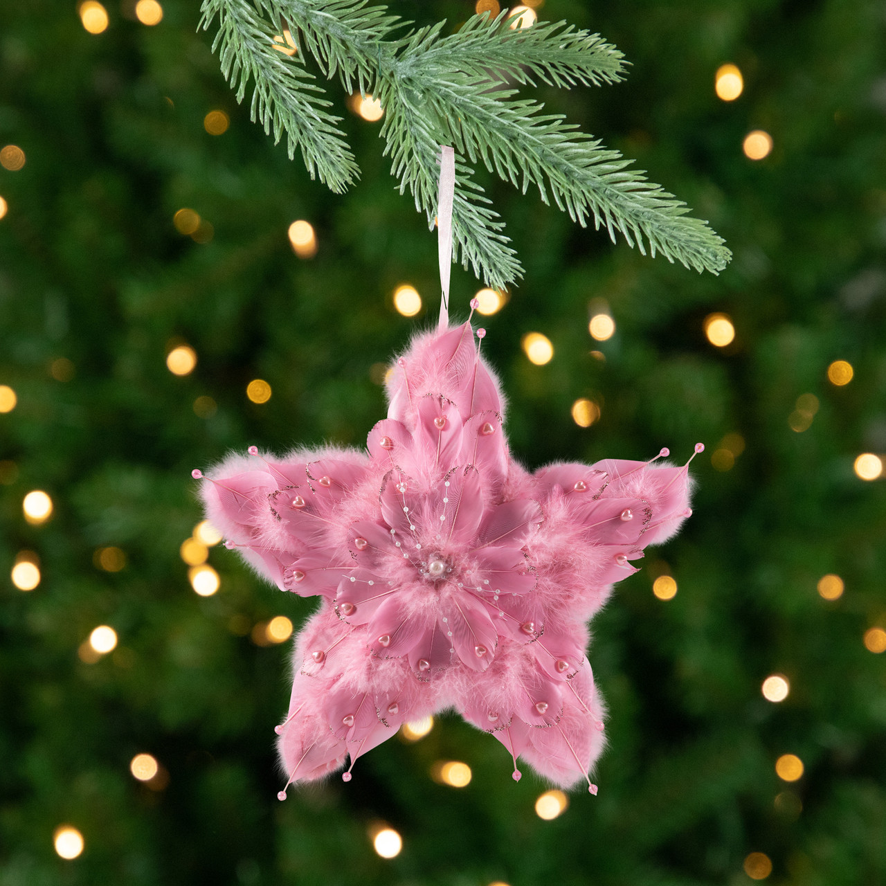 Feather Star Glittered Christmas Ornament with Hearts -12" - Pink