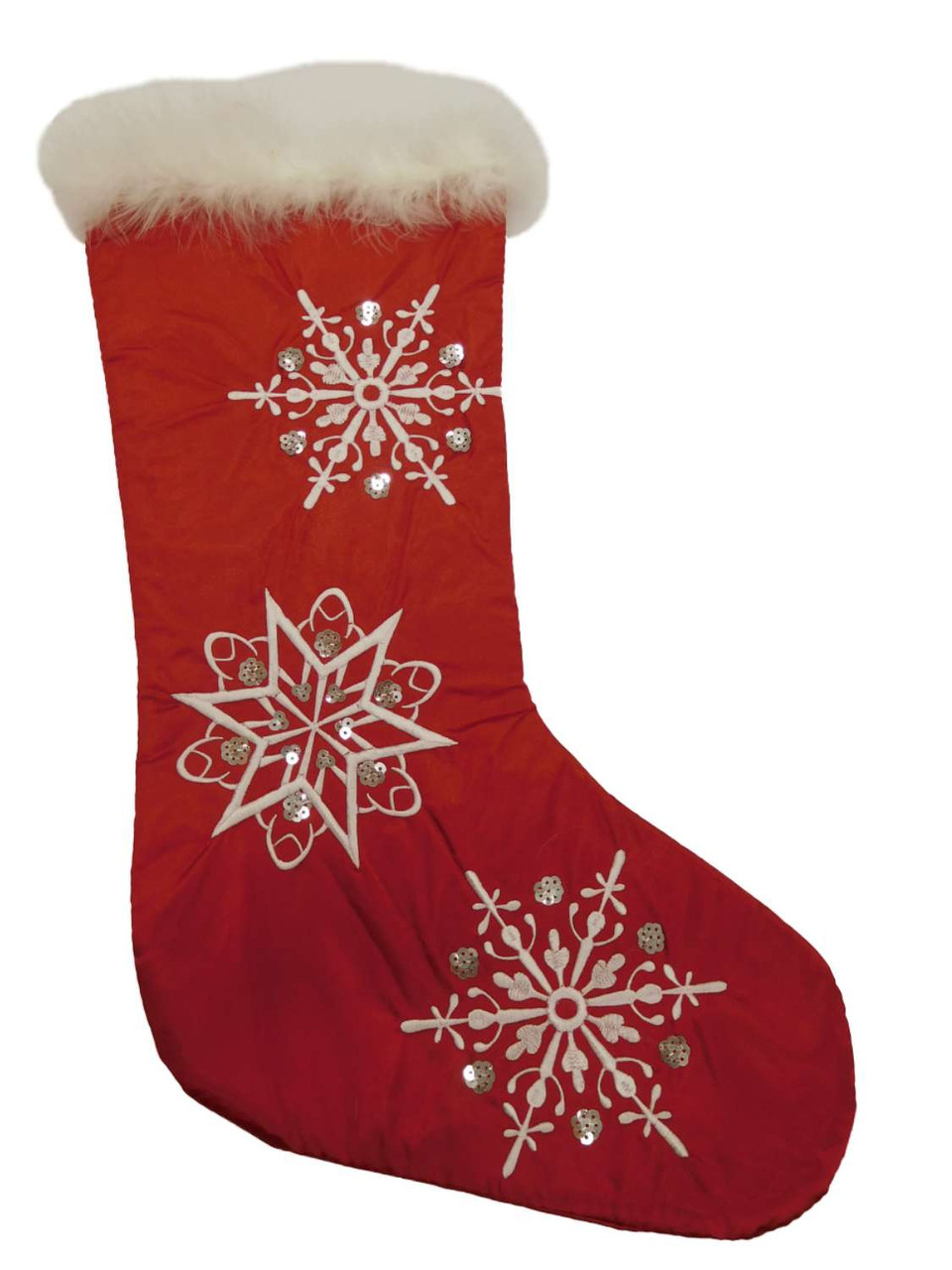 Embellished Red Satin Sequin & Faux Fur Christmas Holiday Stocking Snowflakes