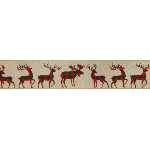 Beige and Red Plaid Buffalo with Reindeer Christmas Wired Craft Ribbon 2.5" x 16 Yards