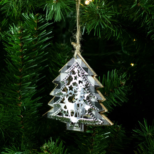 4" Black and White Buffalo Plaid  Christmas Tree with Reindeer Ornament
