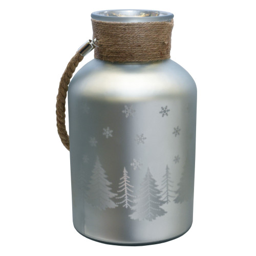 12" Silver Matte Christmas Trees and Snowflakes Pillar Candle Holder with Handle