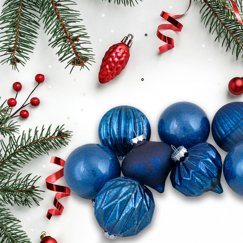 Set of 12 Blue Finial and Glass Ball Christmas Ornaments