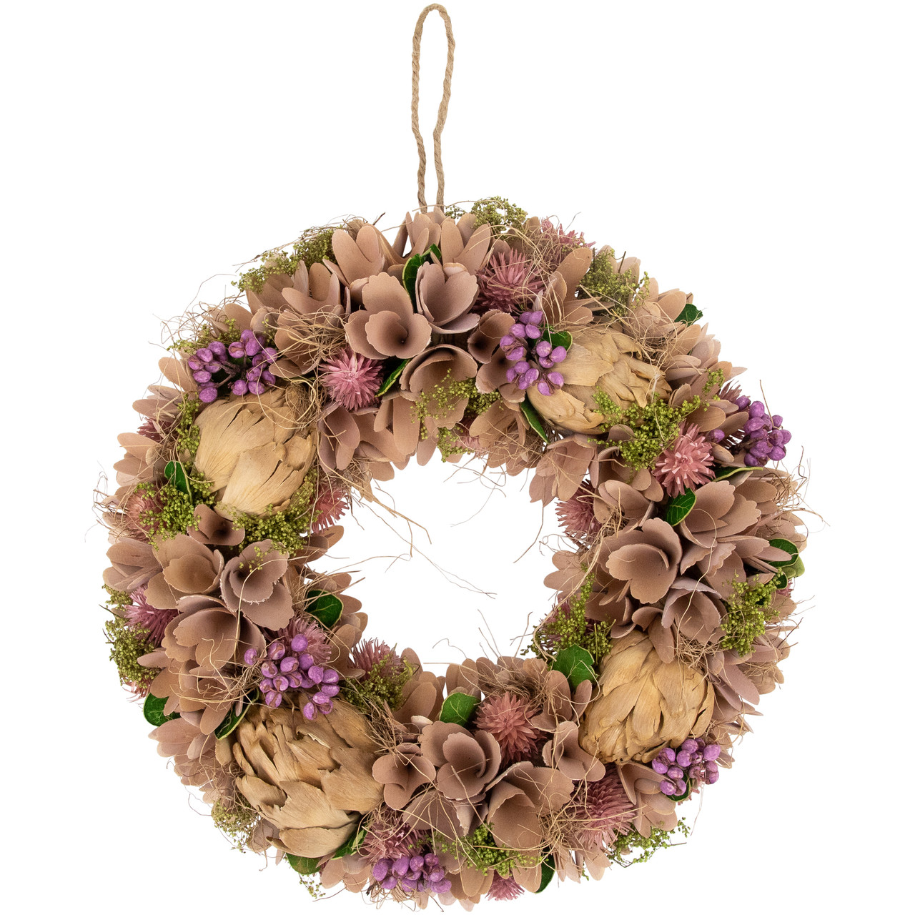 12" Purple and Beige Wooden Floral Spring Wreath with Preserved Artichoke