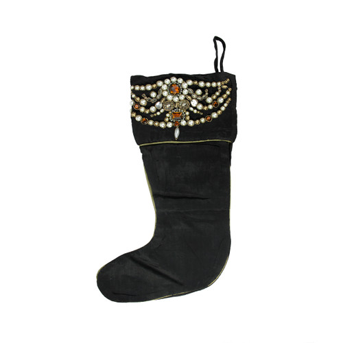 20" Black and Gold Pearl Beaded Christmas Stocking