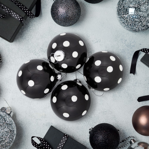 Shiny Finish Polka Dots Christmas Glass Ball Ornaments - 3" (80mm) - Black and White - Set of 4