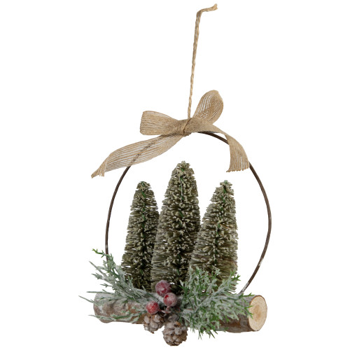 Flocked Bottle Brush Trees with Wooden Log Christmas Ornament - 7"
