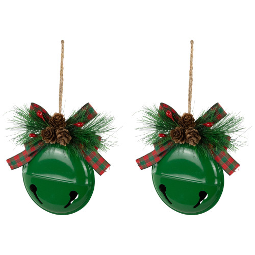 Jingle Bells with Bow and Pinecones Christmas Disc Ornaments - Green - 5" - Set of 2