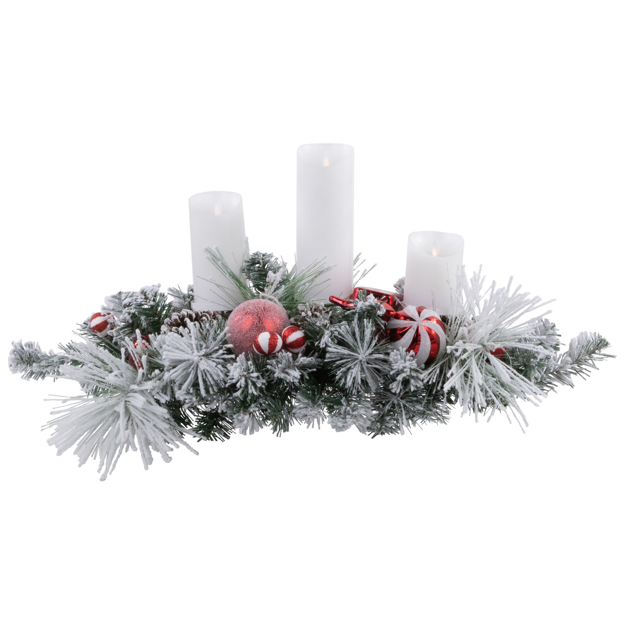 Triple Candle Holder with Flocked Pine and Christmas Ornaments - 32" - Red and White