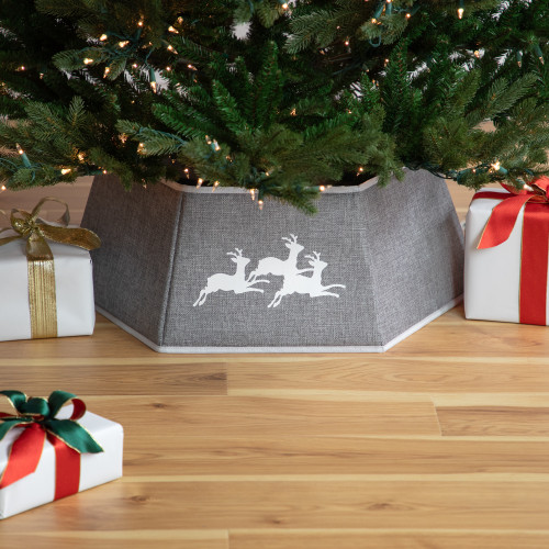 26" Gray Burlap with Reindeer Hexagonal Christmas Tree Collar