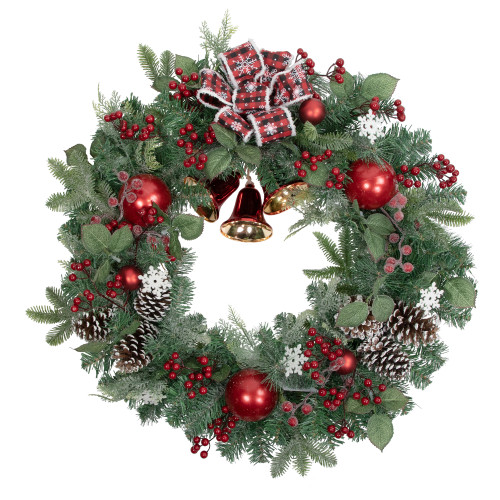 Red Bells and Mixed Foliage Artificial Christmas Wreath, 30-Inch, Unlit