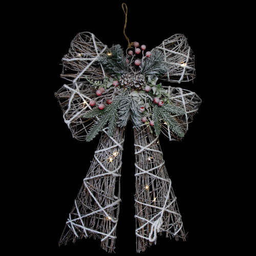23" LED Lighted Frosted Rattan Christmas Bow Decoration