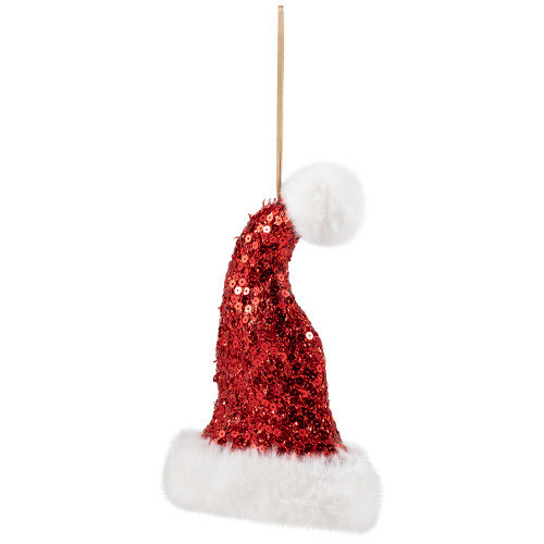 Sequined Santa Hat with Plush Trim Christmas Ornament - 8.5" - Red