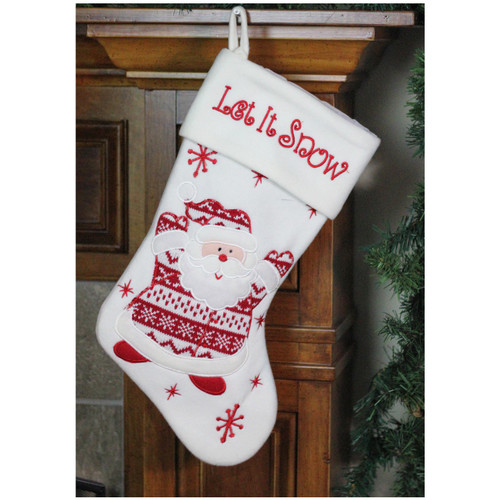19" Red and White "Let It Snow" Santa Claus Embroidered Christmas Stocking