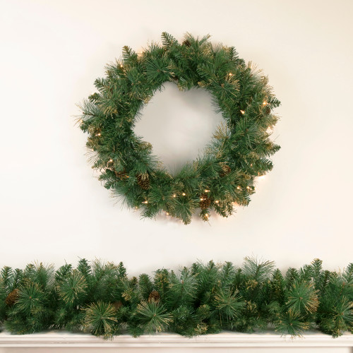 Pre-Lit Yorkshire Pine Artificial Christmas Wreath, 24-Inch, Clear Lights