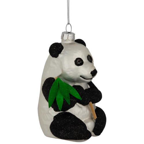 4" Black and White Glittered Panda Glass Christmas Hanging Ornament