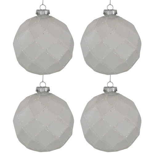 4ct Glittered White Christmas Glass Ball Ornaments 3.75" (95mm)