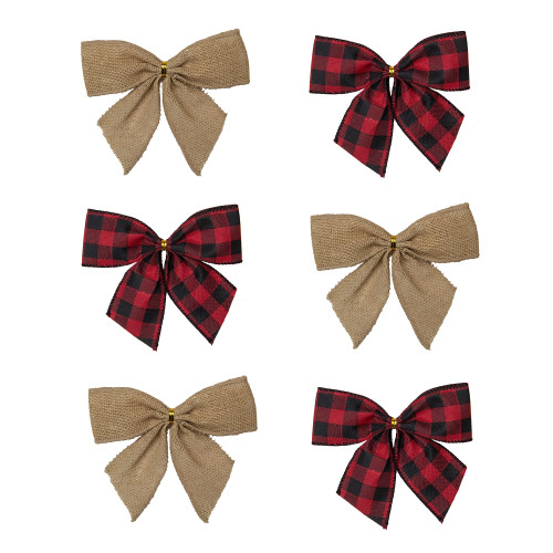 Buffalo Plaid and Burlap 2-Loop Christmas Bow Decorations - 5.5" - Pack of 6