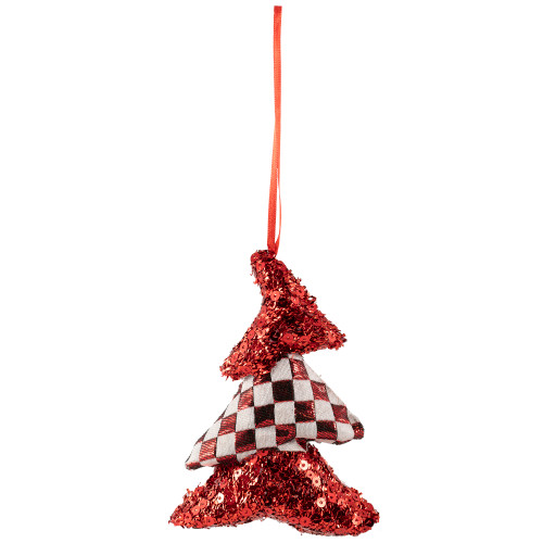 Sequined and Checkered Tree Christmas Ornaments - 5" - Red - Set of 2