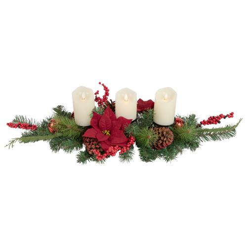 32" Artificial Mixed Pine, Berries and Poinsettia Christmas Candle Holder Centerpiece