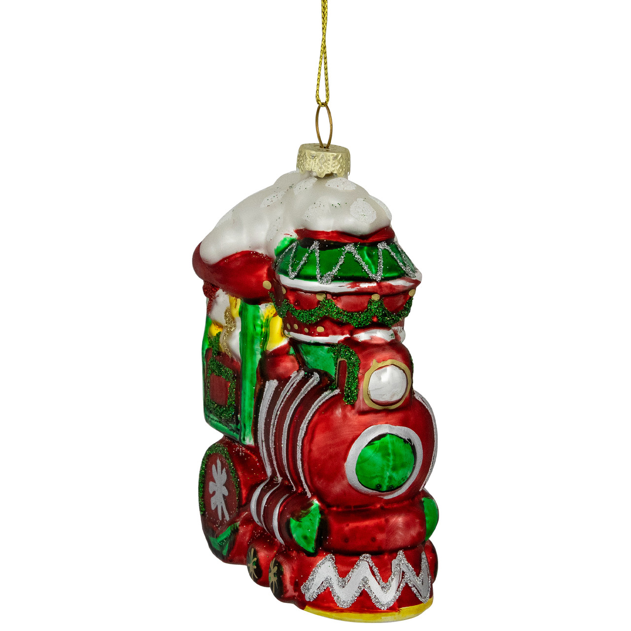 4.5" Red and Green Glittered Train Christmas Glass Hanging Ornament