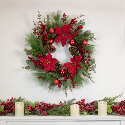 Artificial Red Berry and Poinsettia Christmas Wreath, 28-Inch, Unlit
