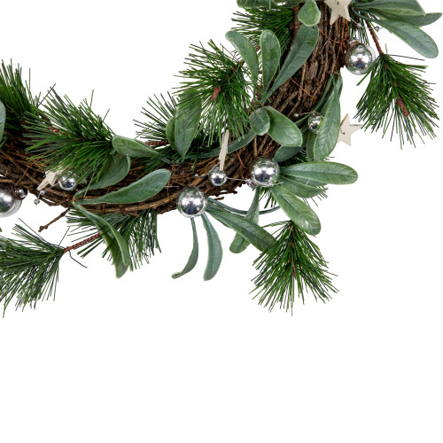 Pine Needle and Silver Ball Ornament Artificial Christmas Wreath, 12-Inch, Unlit
