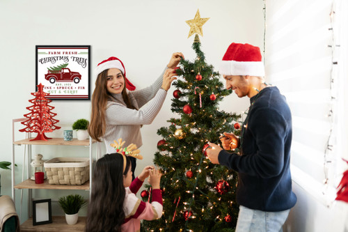 Farm Fresh Christmas Trees 15.5" x 15.5" Framed Christmas Wall Decor Art Print Sign Poster in a Black Wooden Frame with UV Acrylic and Hangers