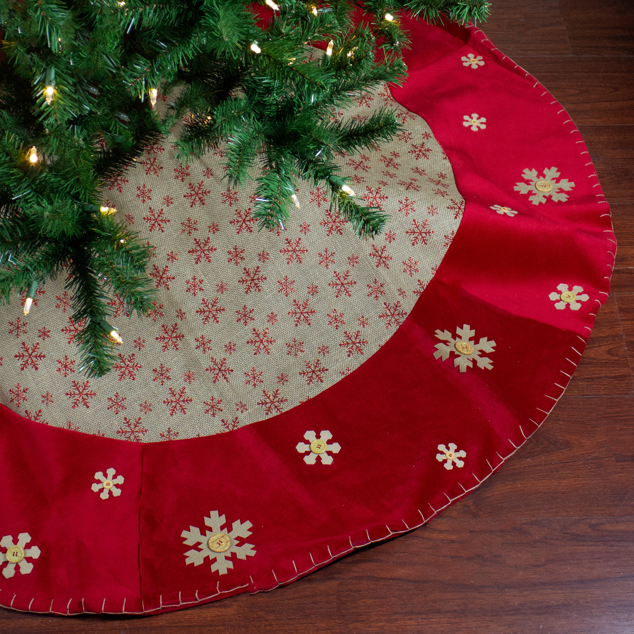 60" Burlap Glittered Snowflake Rustic Christmas Tree Skirt with Red Velvet Trim