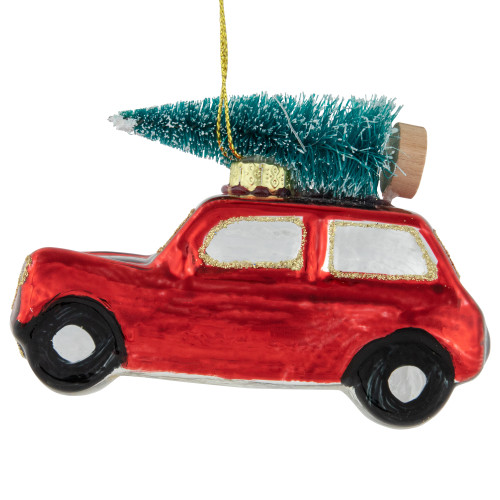 3.5" Red Station Wagon with Tree Glass Christmas Ornament