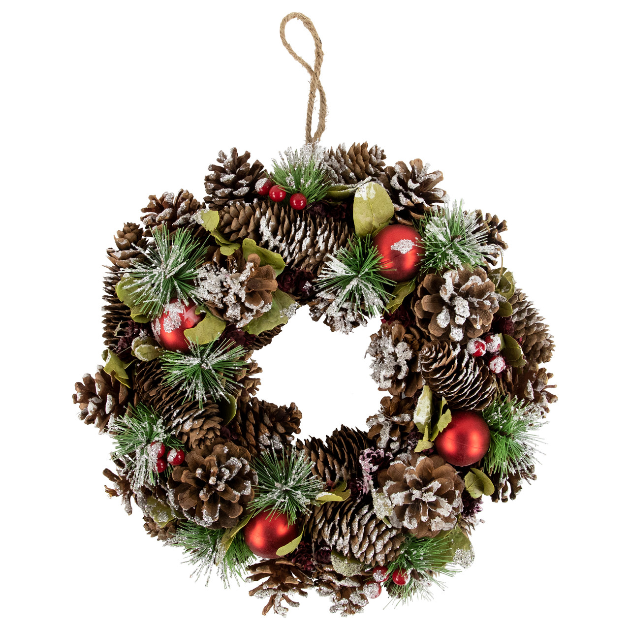 Red Ornament with Frosted Pinecone and Pine Needle Christmas Wreath, 13.5-Inch, Unlit