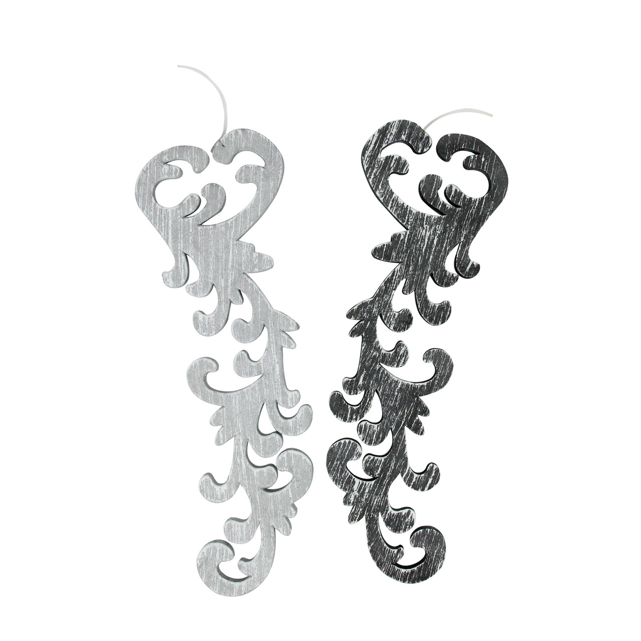 Set of 2 Black and Gray Scrollwork Christmas Ornaments 10.5"