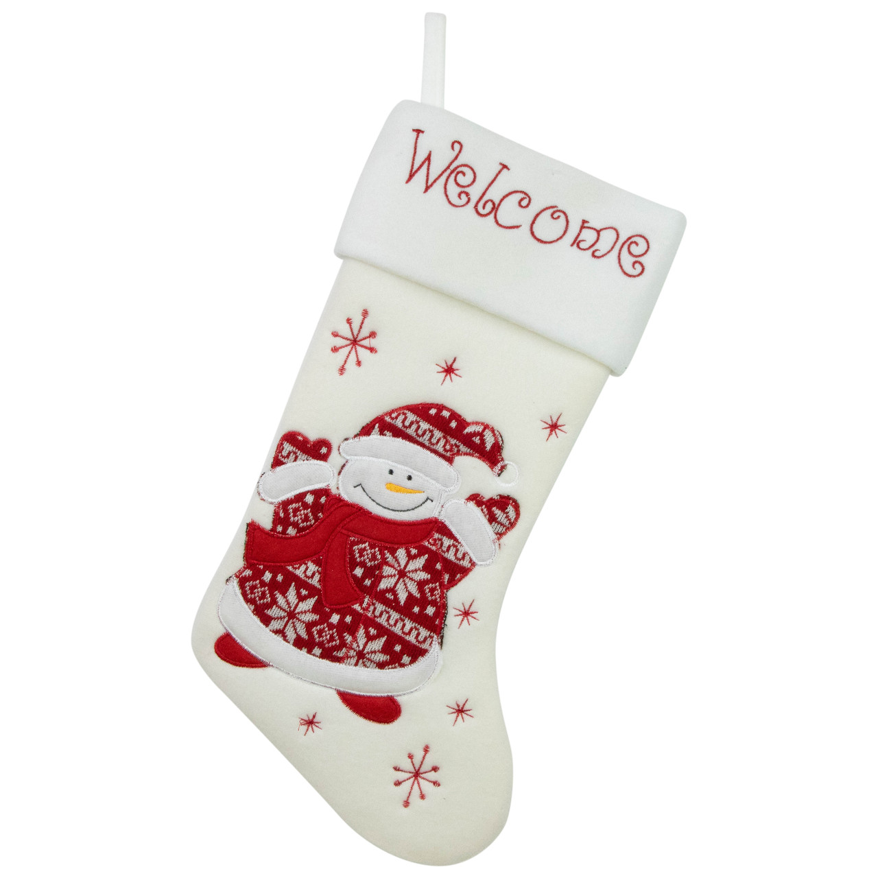 17" White and Red "Welcome" Snowman Embroidered Christmas Stocking