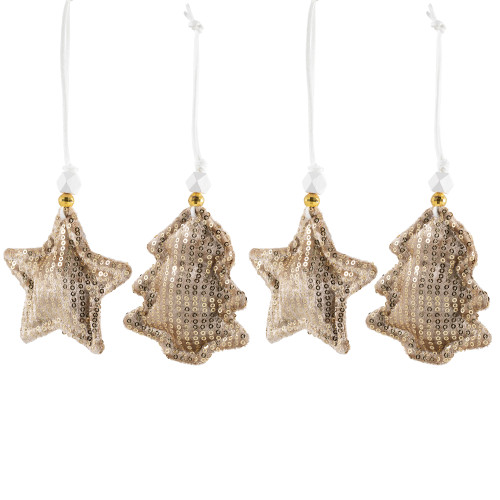 Sequin Stars and Trees Plush Christmas Ornaments - 4" - Set of 4
