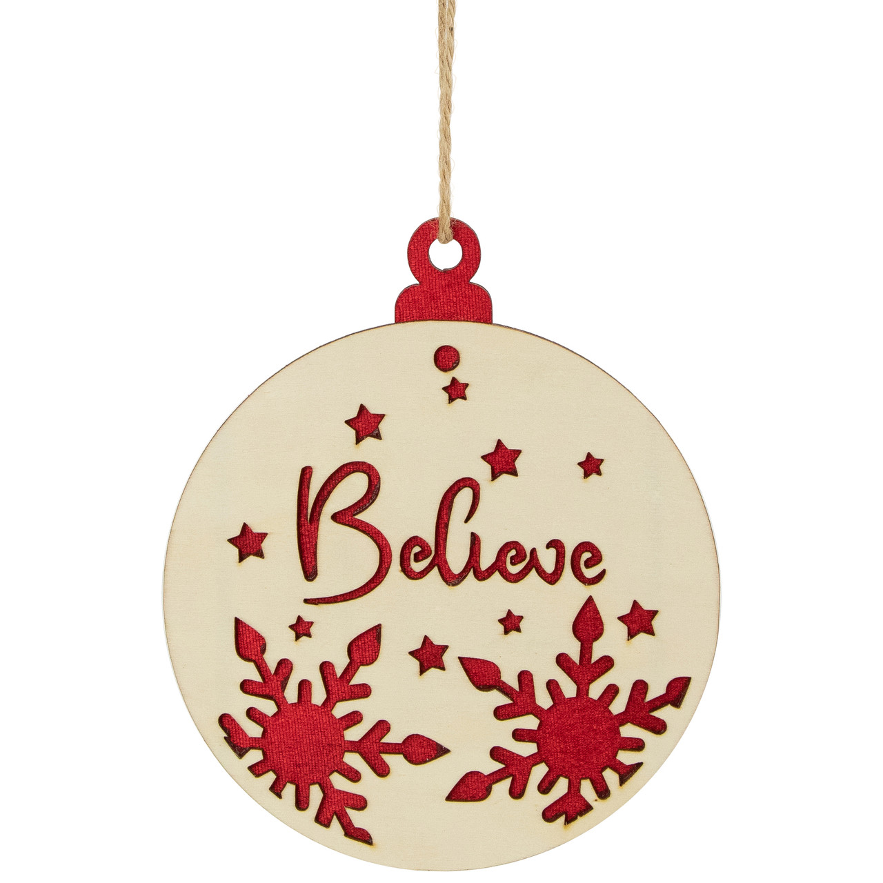 7" Round "Believe" Christmas Ornament Disc with Snowflake and Star Cutouts