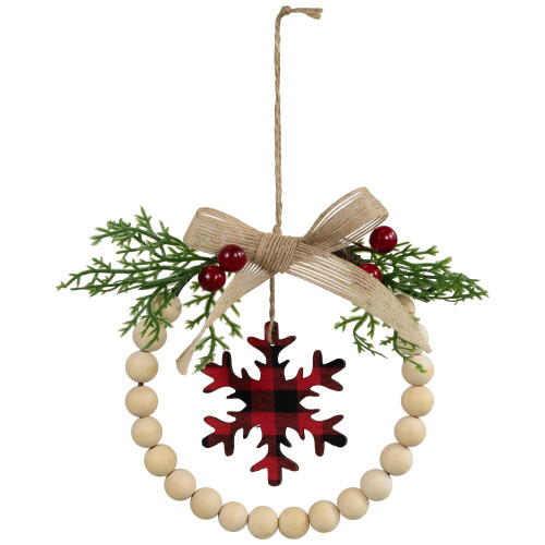 Buffalo Plaid Snowflake Wooden Beads Christmas Wreath Ornament - 7"