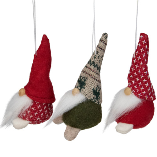 Set of 3 Red and Green Santa Gnome Christmas Ornament 4.25"