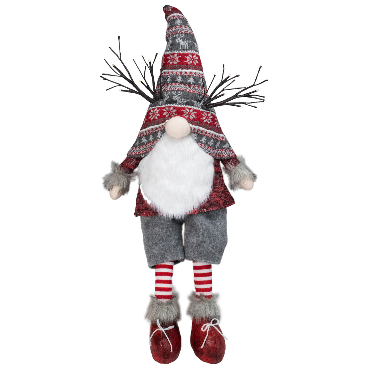 LED Christmas Gnome with Antlers and Dangling Legs - 30" - Gray and Red
