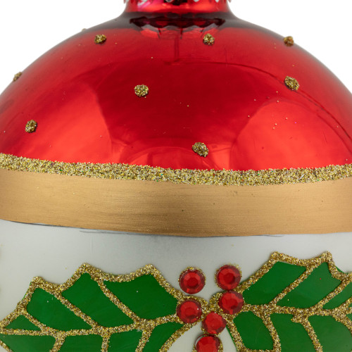 Set of 2 Holly and Berries Glittered Christmas Glass Ball Ornaments 4"