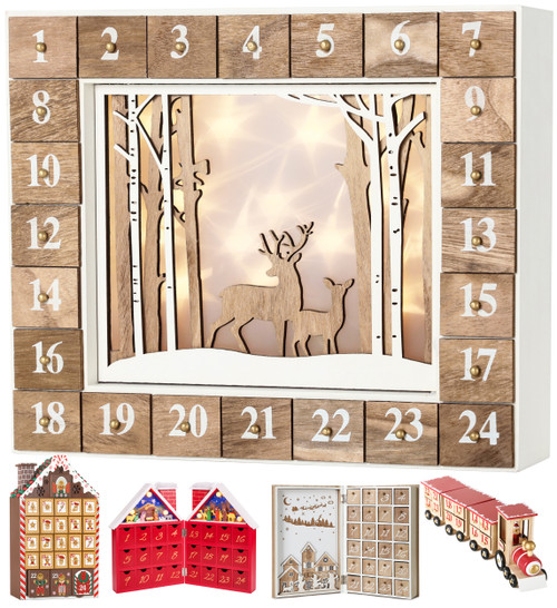 BRUBAKER Reusable Wooden Advent Calendar to Fill - White Winter Landscape with LED Lighting - DIY Christmas Calendar 13.98 x 2.36 x 10.63 inches