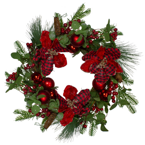 Magnolia and Red Berries Artificial Christmas Wreath - 22-Inch, Unlit