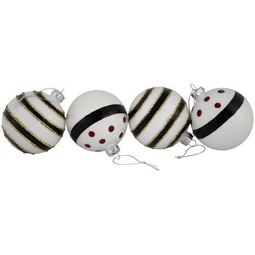 Shiny Finish Striped Christmas Glass Ball Ornaments - 3" (80mm) - White and Black  - Set of 4