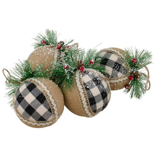 Set of 4 Black and White Plaid with Burlap Christmas Ball Ornaments 6" (152mm)