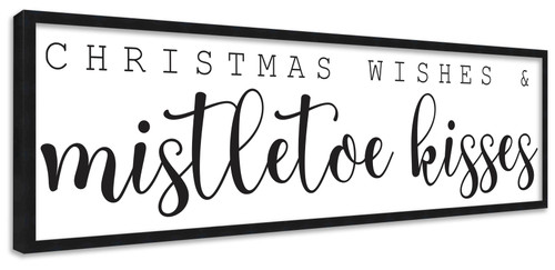 Christmas Wishes and Mistletoe Kisses 11.5" x 41.5" Framed Christmas Wall Decor  Sign Poster in a Black Wooden Frame with UV Acrylic and Hangers