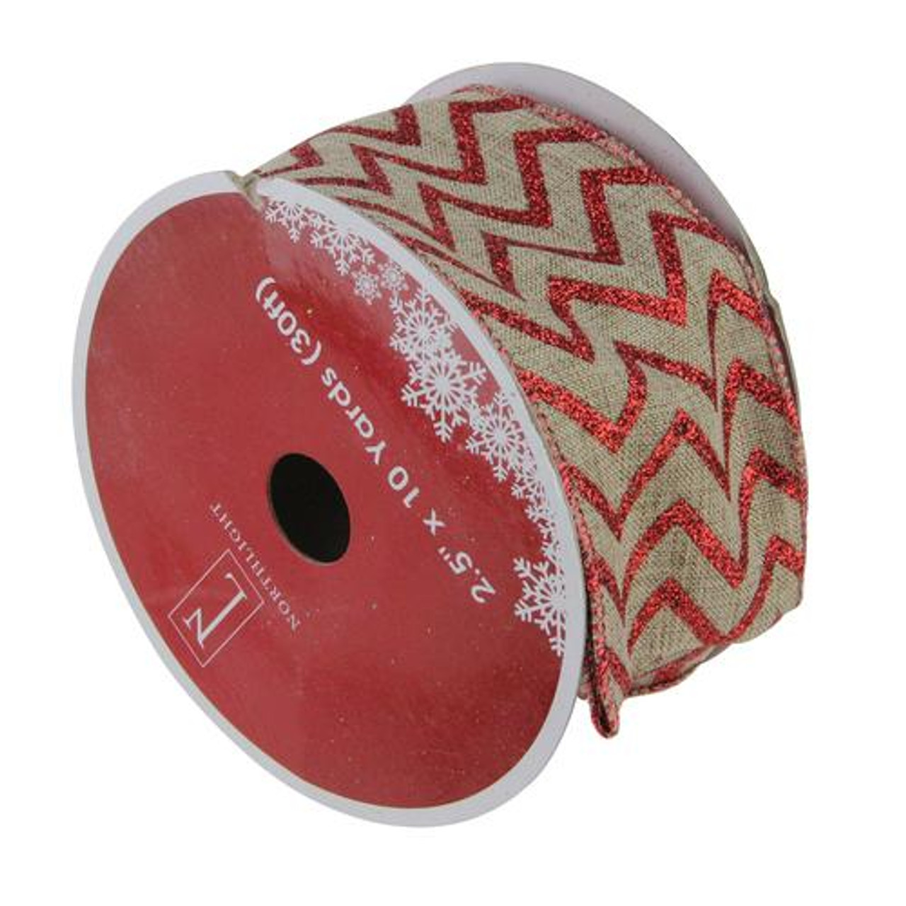 Red and Beige Chevron Wired Christmas Craft Ribbon 2.5" x 10 Yards