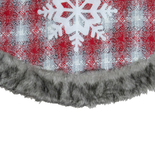 48" Red and White Plaid Christmas Tree Skirt with Snowflake