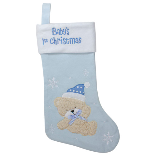 Baby's 1st Christmas Embroidered Teddy Bear Stocking - 19" - Blue and White