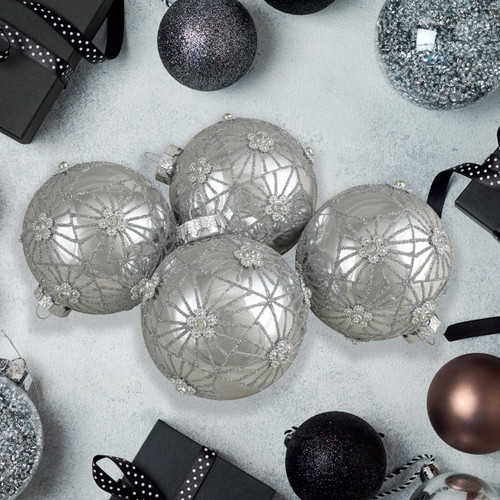 4ct Silver with Floral Gem Christmas Ball Ornaments 3.25-Inch (80mm)