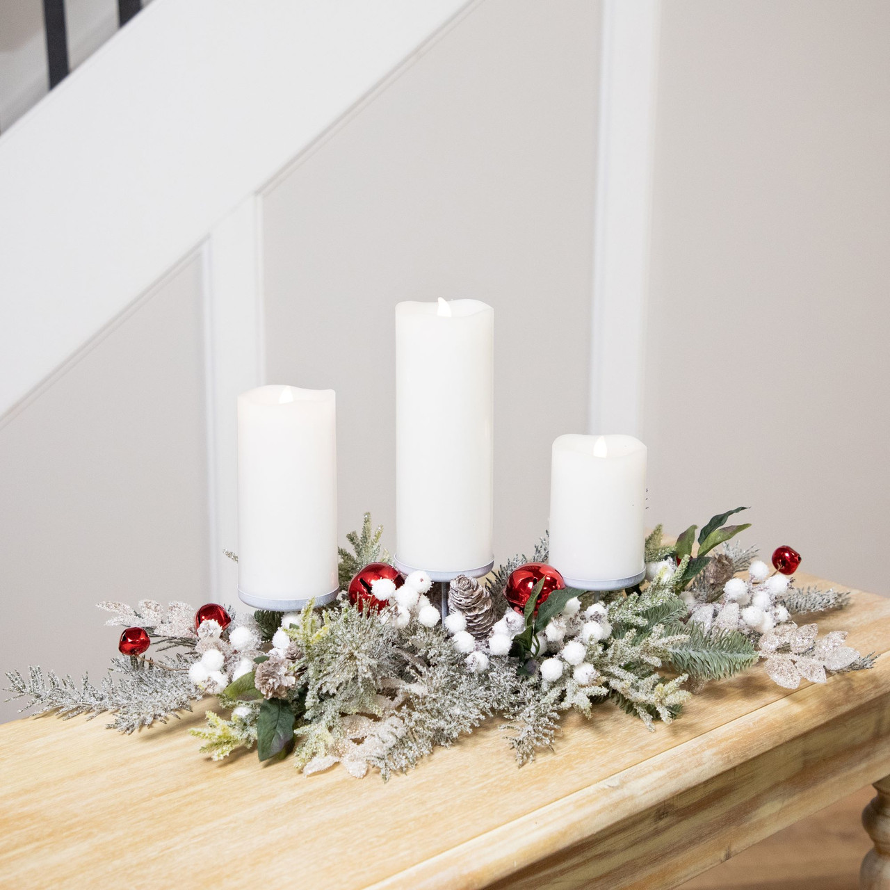 Frosted Winter Greenery and Jingle Bells Christmas Pillar Candle Holder - 28"