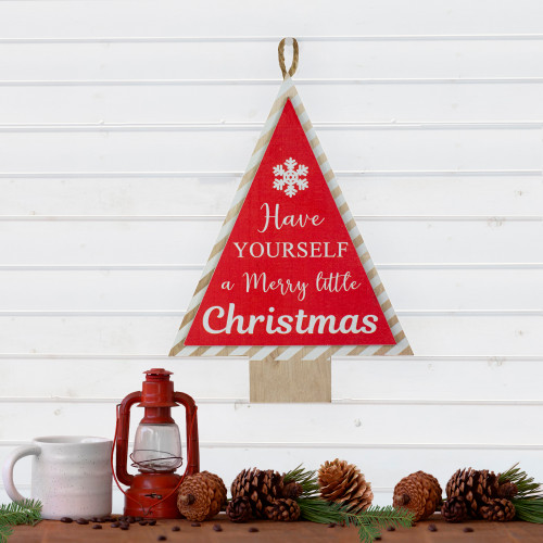 16�� Red and White Merry Little Christmas Tree Wooden Hanging Wall Sign